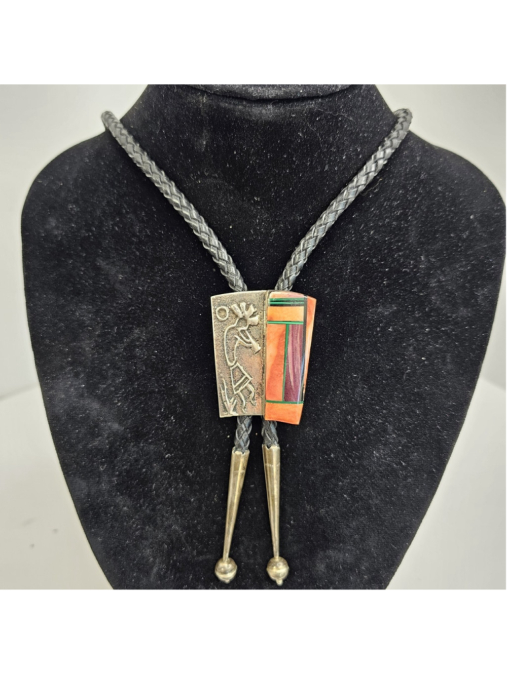 Frank Yellowhorse Signed Navajo Sterling Silver Multi Stone Inlay Bolo Tie